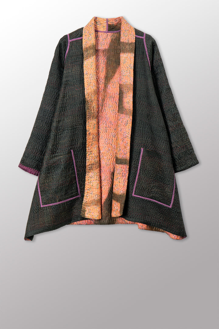 VINTAGE PRINTED SILK CLAMP DYE WITH JACQUARD KANTHA A-LINE JACKET - sk4003-0001a -