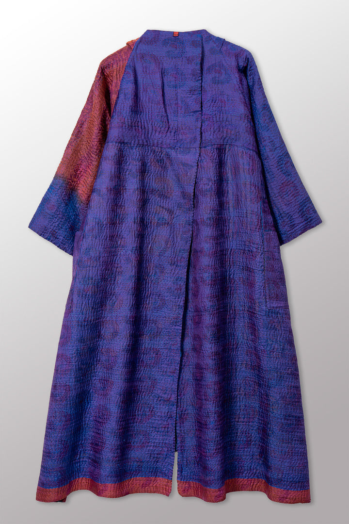 VINTAGE PRINTED SILK CLAMP DYE WITH JACQUARD KANTHA KIMONO MAXI - sk4318-0001a -