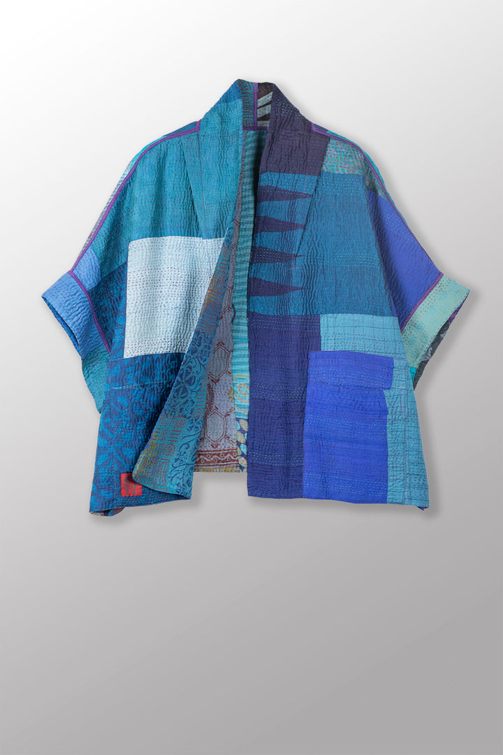 JACQUARD SILK KANTHA MINI PONCHO - js4060-blu -