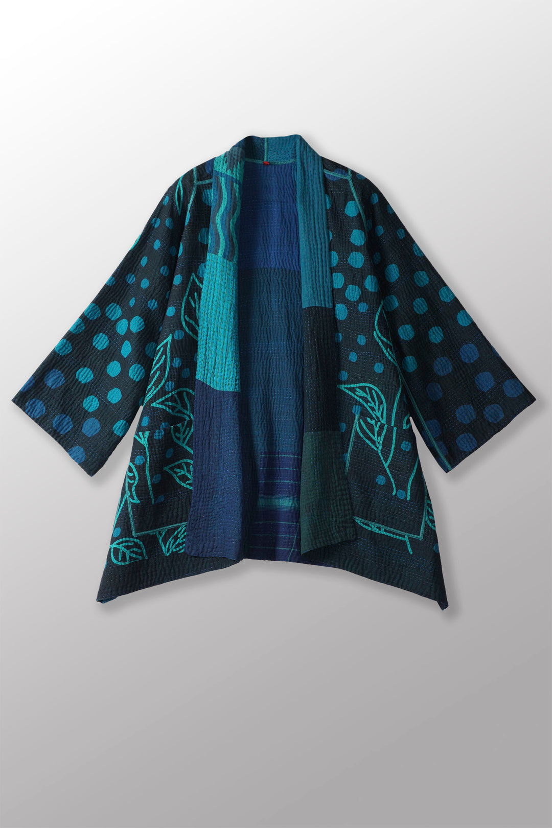 OVERDYED POLKA DOTS & LEAVES KANTHA A-LINE JACKET - dl4003-tuq -