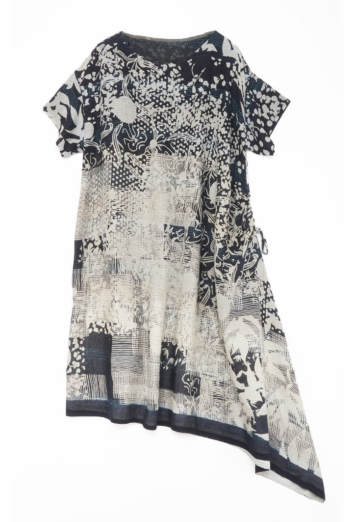 MONOTONE TWILIGHT PRINT KANTHA BOAT NECK T. DRESS - tp2430-blk -