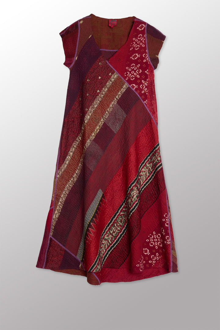 JEWEL WOVEN WITH VERTICAL PATCH KANTHA CAP SLV. SEMI FLARE DRESS - jv4452-red -