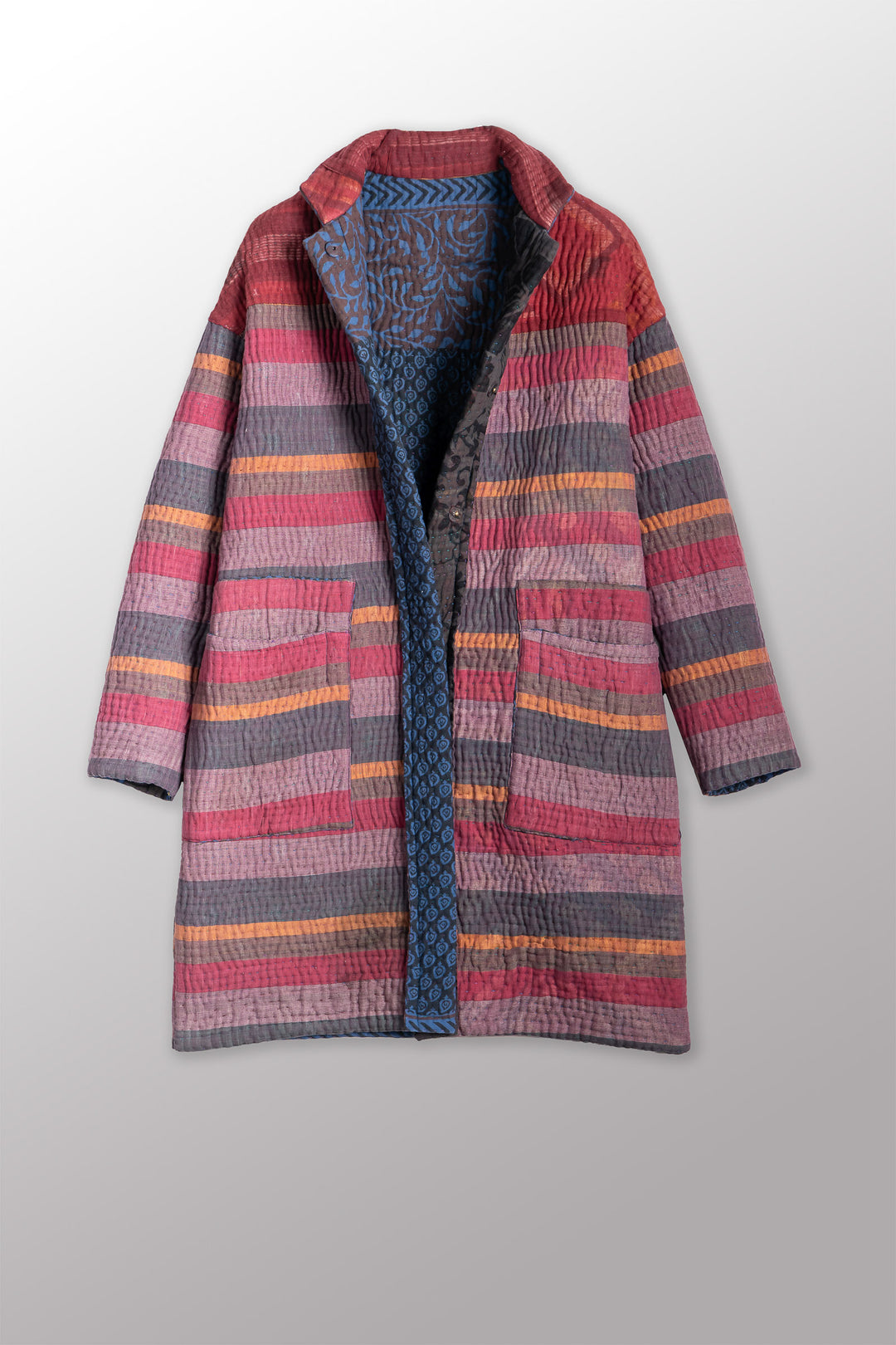 QUILTED OVERDYE COTTON KANTHA LONG LINE JACKET - oq5059-cblu001s -