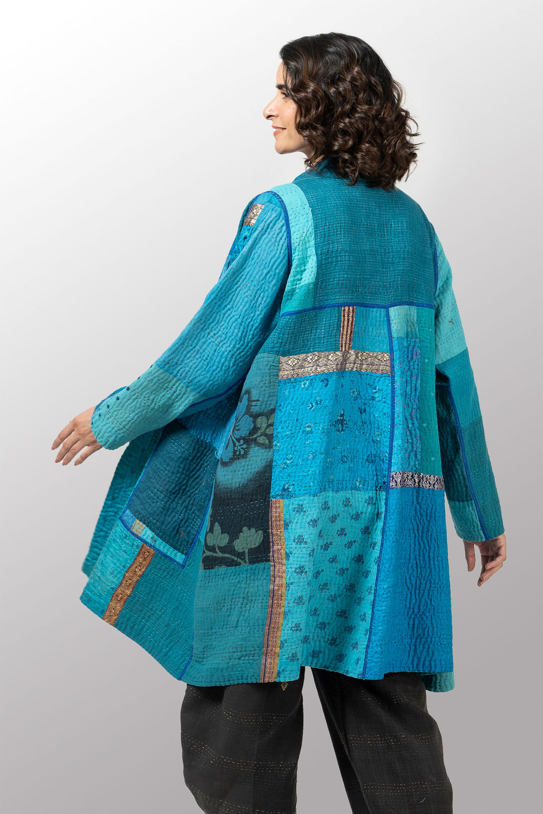 COTTON SILK SW PATCH KANTHA A-LINE DUSTER - ws4311-tuq -