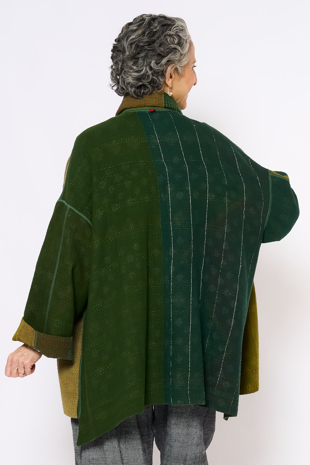 FRAYED PATCH MIX KANTHA OVERSIZED MINI COAT - fm4332-grn -