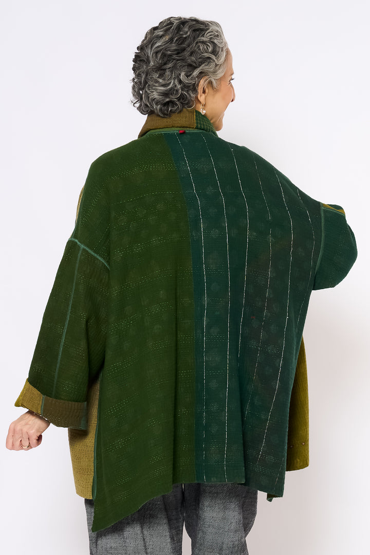 FRAYED PATCH MIX KANTHA OVERSIZED MINI COAT - fm4332-grn -