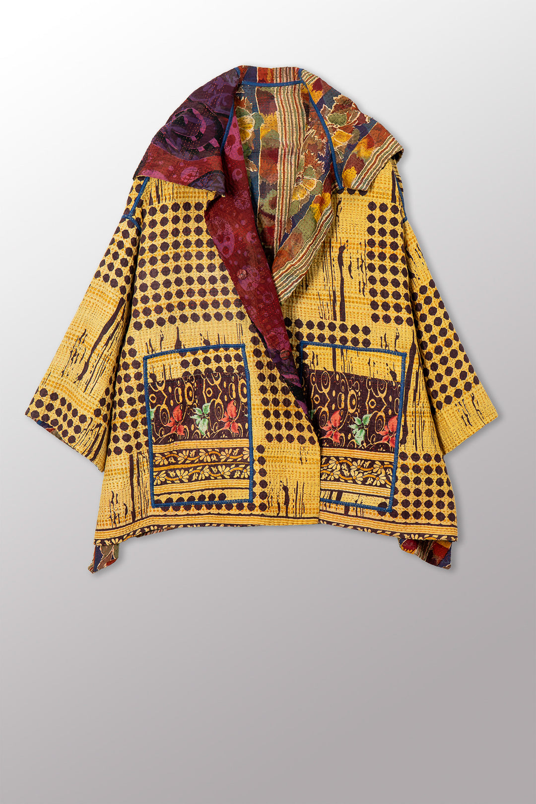 VINTAGE SILK GEORGETTE COTTON KANTHA HOODIE PONCHO - gc4064-0002a -