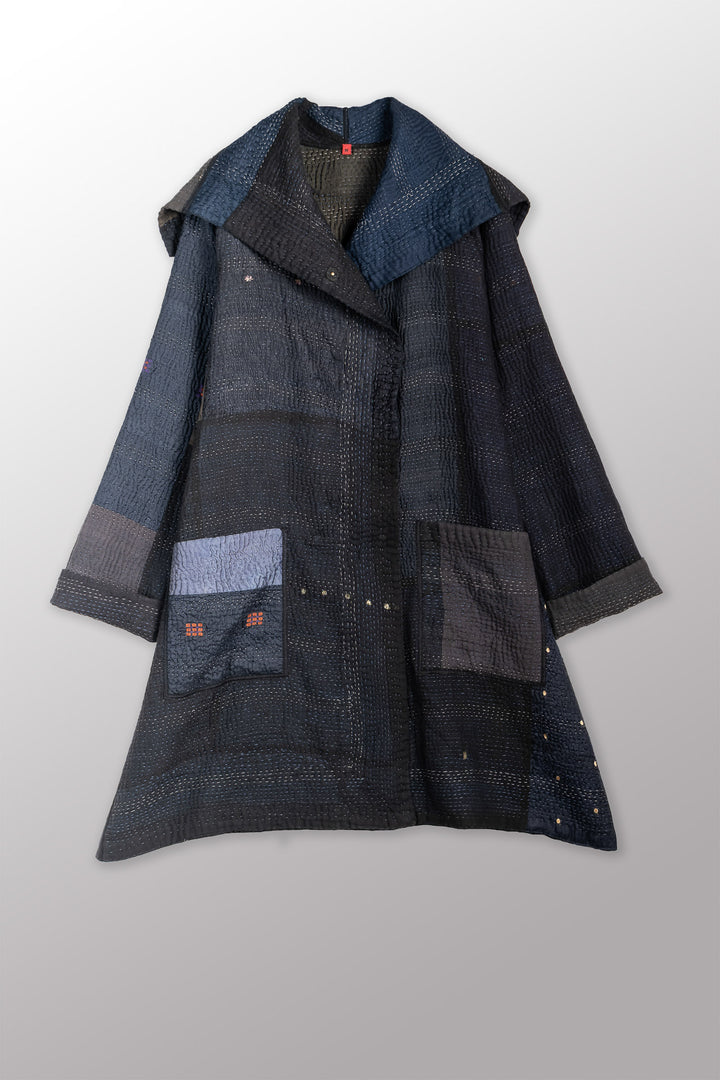 JAIPUR PATCH KANTHA POCKET MEDIUM COAT - jp4316-blk -