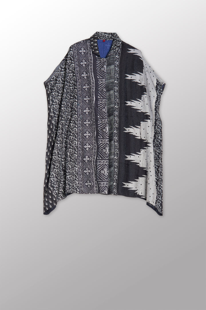 SILK COTTON OMBRE PRINT KANTHA SHIRT PONCHO - os2545-blk -