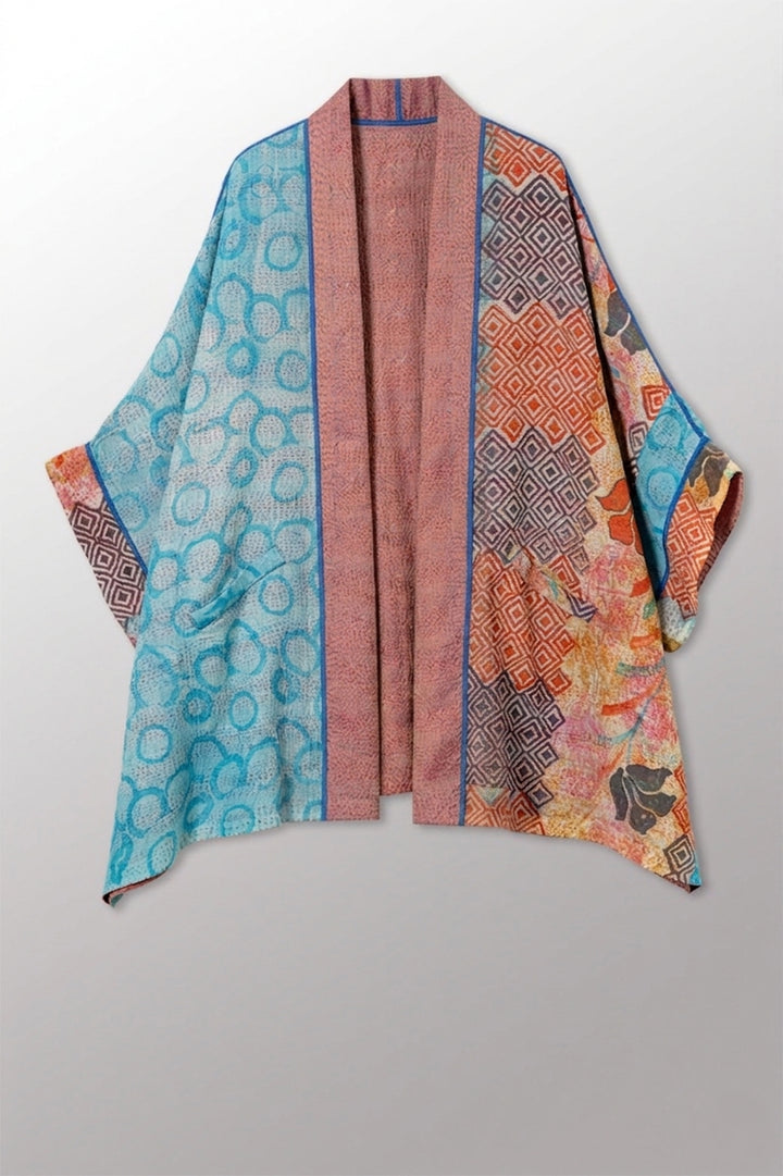 GEORGETTE JACQUARD VINTAGE SILK PATCH KANTHA DOUBLE COLLAR PONCHO - gj2323-0003a -
