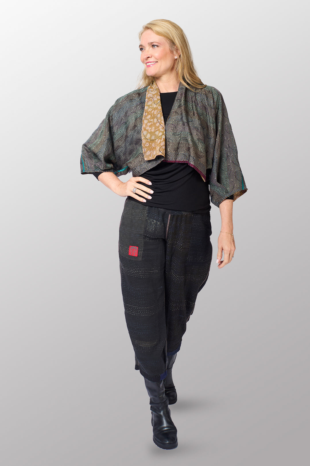 GEORGETTE JACQUARD VINTAGE SILK PATCH KANTHA PUFF SLV. SHRUG - gj2062-0001a -