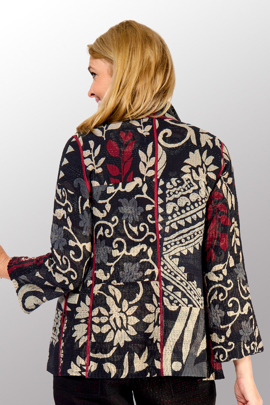 BLACK AND WHITE PRINT PATCH KANTHA SHORT JACKET - pn4007-blk -