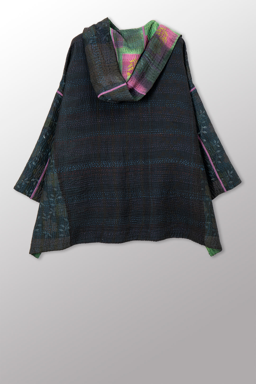 VINTAGE COTTON GREY CLAMP TIE DYE KANTHA HOODIE PONCHO - su4064-0003a -