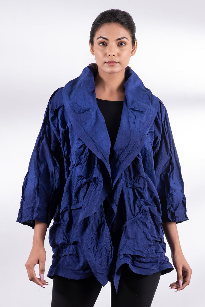DYED COTTON SILK HEAVY VOILE WAVY TUCK COCOON JACKET - dh1063-blu -