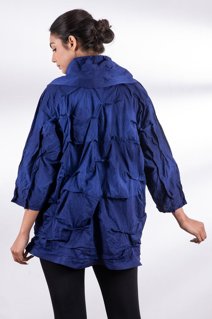 DYED COTTON SILK HEAVY VOILE WAVY TUCK COCOON JACKET - dh1063-blu -