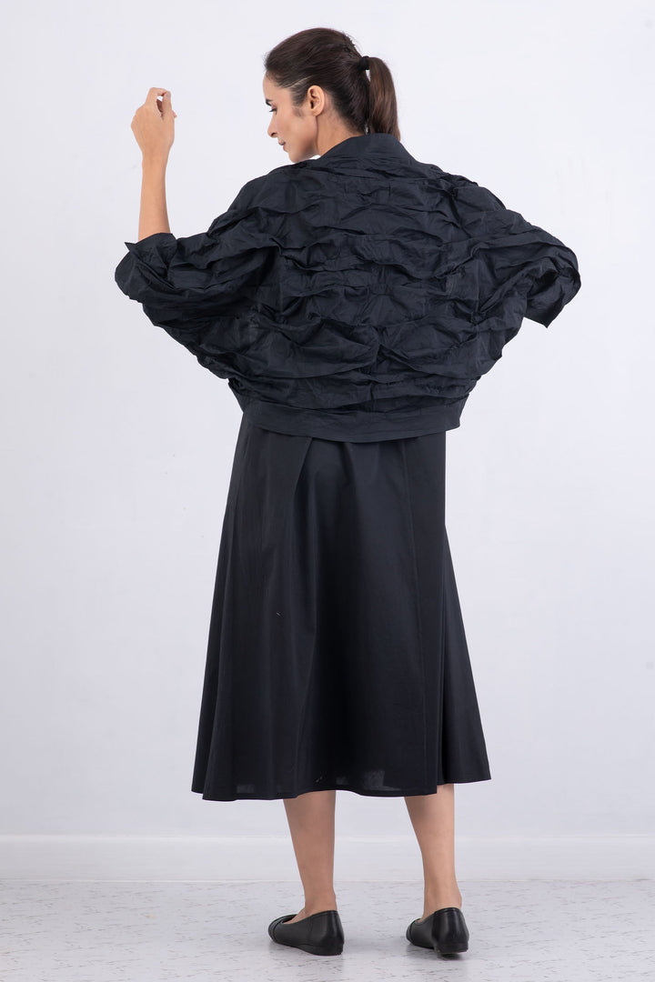 DYED COTTON SILK HEAVY VOILE WAVY TUCK SHRUG - dh1067-blk -