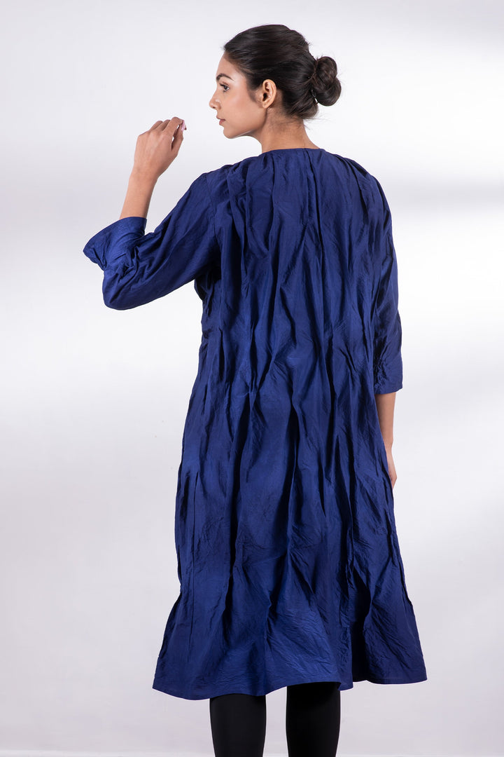 DYED COTTON SILK HEAVY VOILE WAVY TUCK CROPPED SLV. DRESS - dh1434-blu -