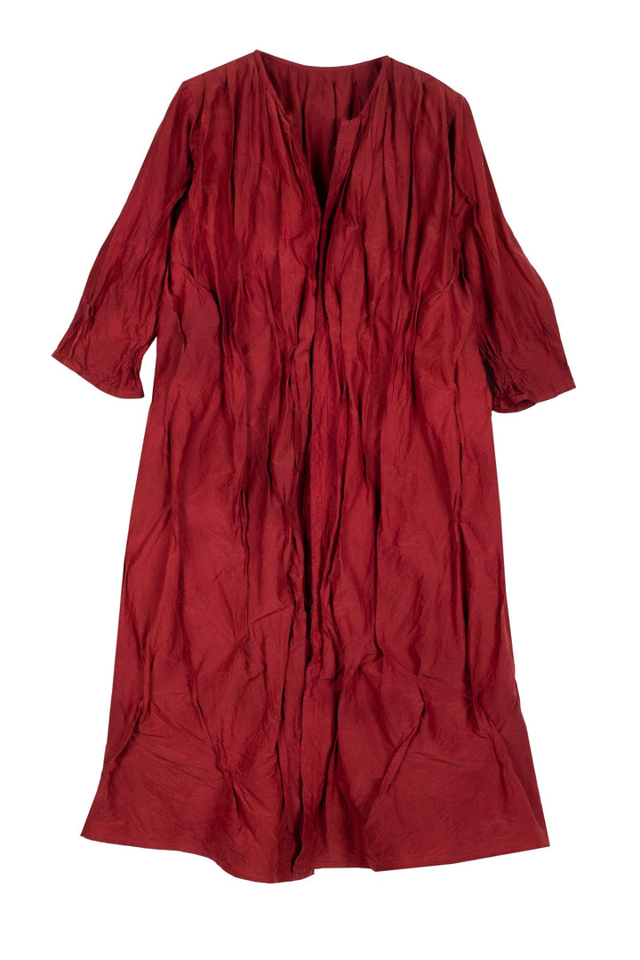 DYED COTTON SILK HEAVY VOILE WAVY TUCK CROPED SLV. DRESS - dh1434-red -