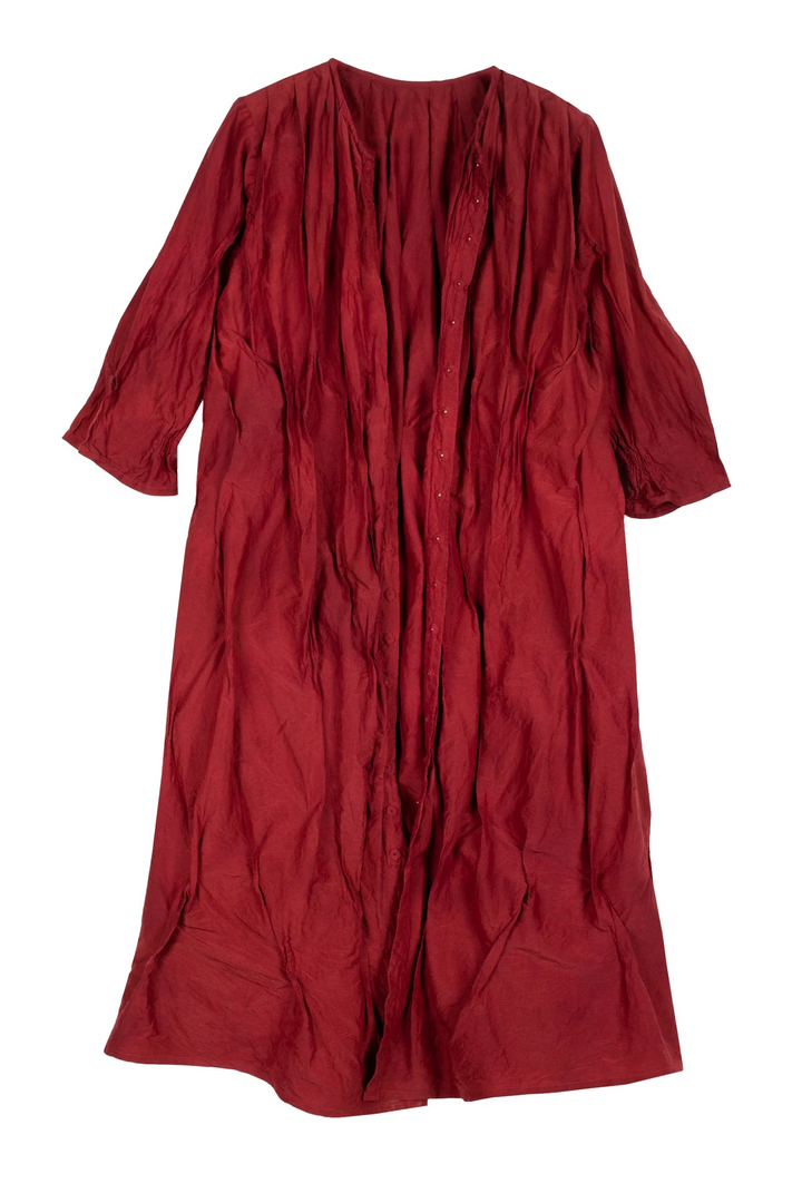 DYED COTTON SILK HEAVY VOILE WAVY TUCK CROPED SLV. DRESS - dh1434-red -