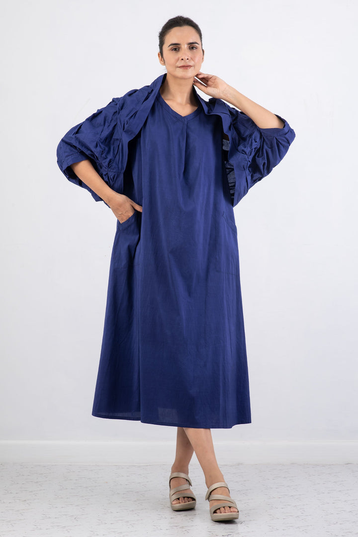 DYED COTTON SILK HEAVY VOILE WAVY BAND COLLAR MAXI DRESS - dh1439-blu -