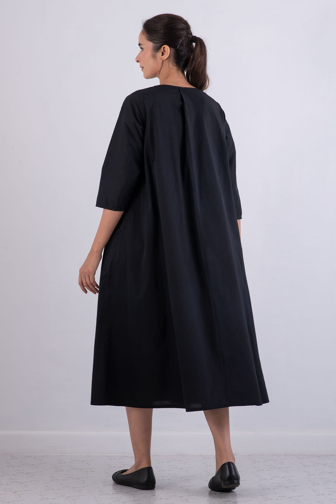 DYED COTTON SILK HEAVY VOILE WAVY V-NECK MAXI WITH SLEEVES  NEW STYLE PATTERN - dh1441-blk -