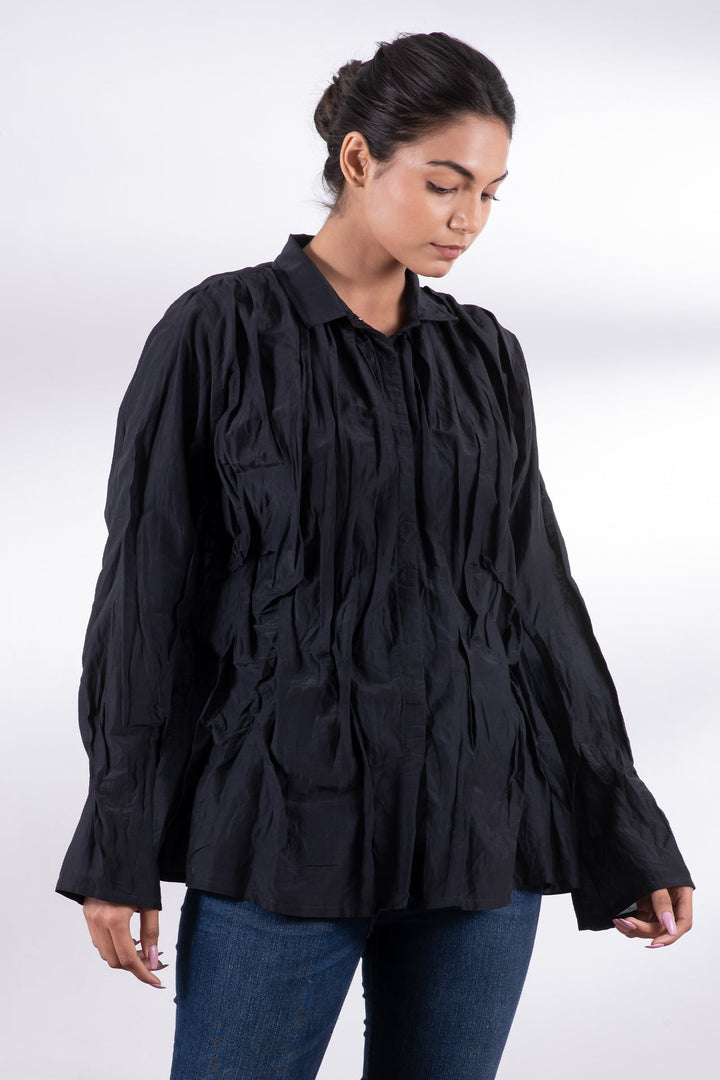 DYED COTTON SILK HEAVY VOILE WAVY TUCKED MEN'S SHIRT - dh1551-blk -