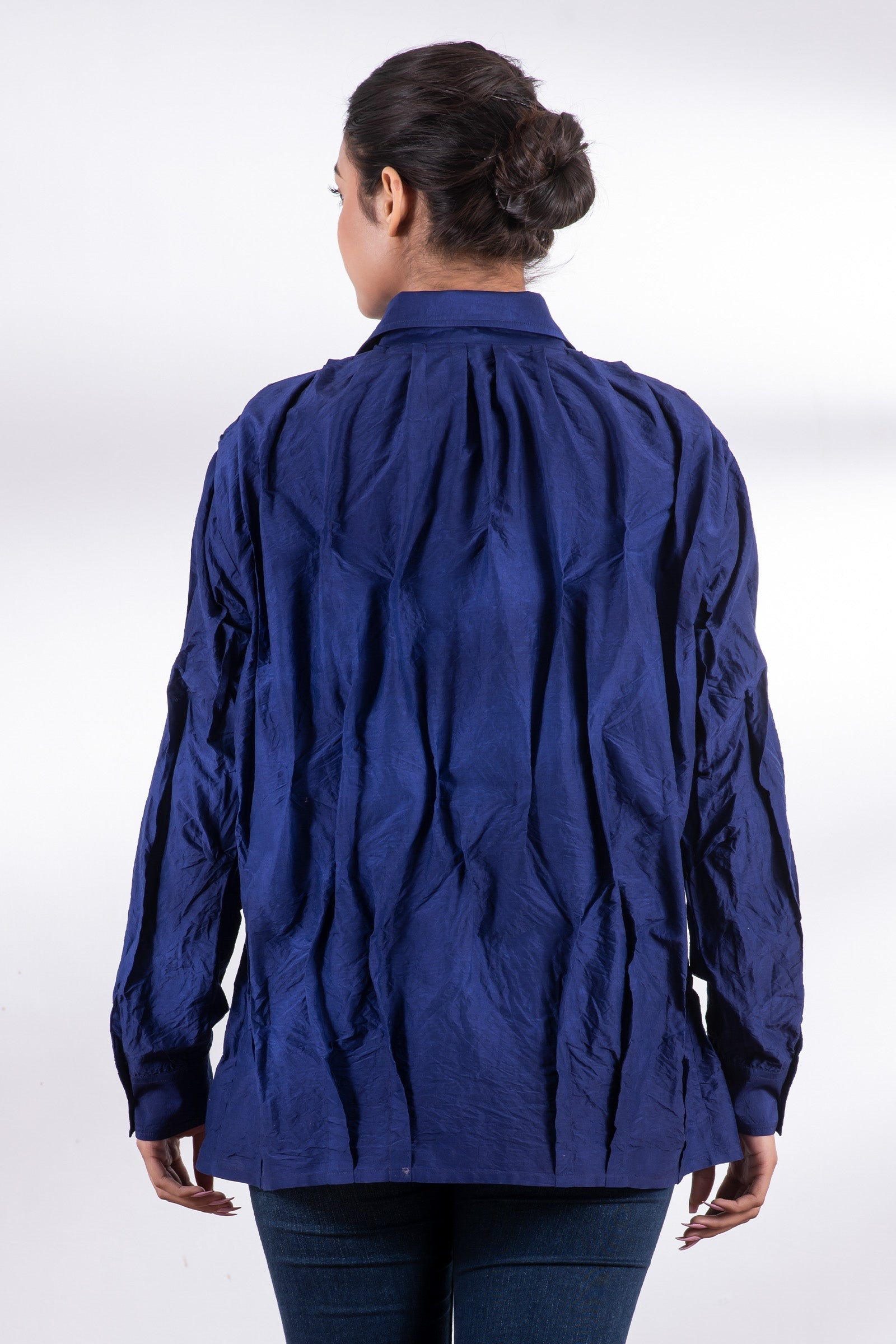 DYED COTTON SILK HEAVY VOILE WAVY TUCKED MEN'S SHIRT - dh1551-blu -