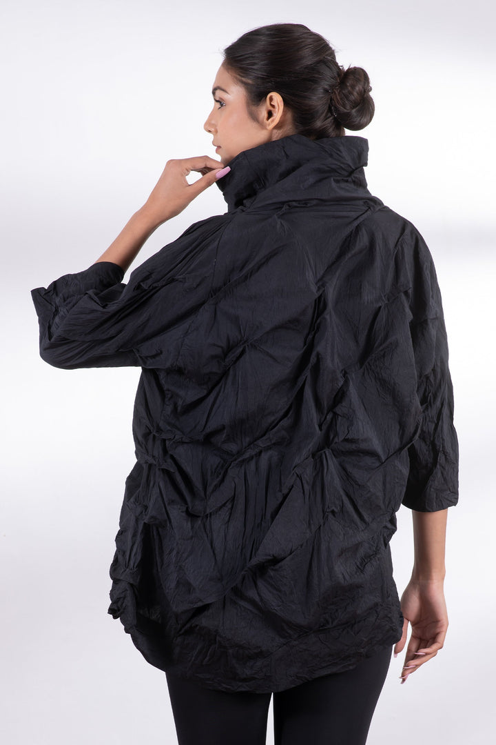 DYED COTTON SILK HEAVY VOILE WAVY TUCK PULLOVER - dh1552-blk -
