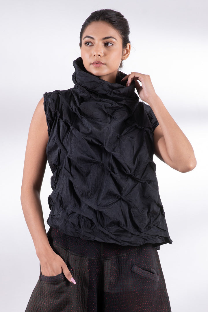 DYED COTTON SILK HEAVY VOILE WAVY TUCK SHELL TOP - dh1553-blk -