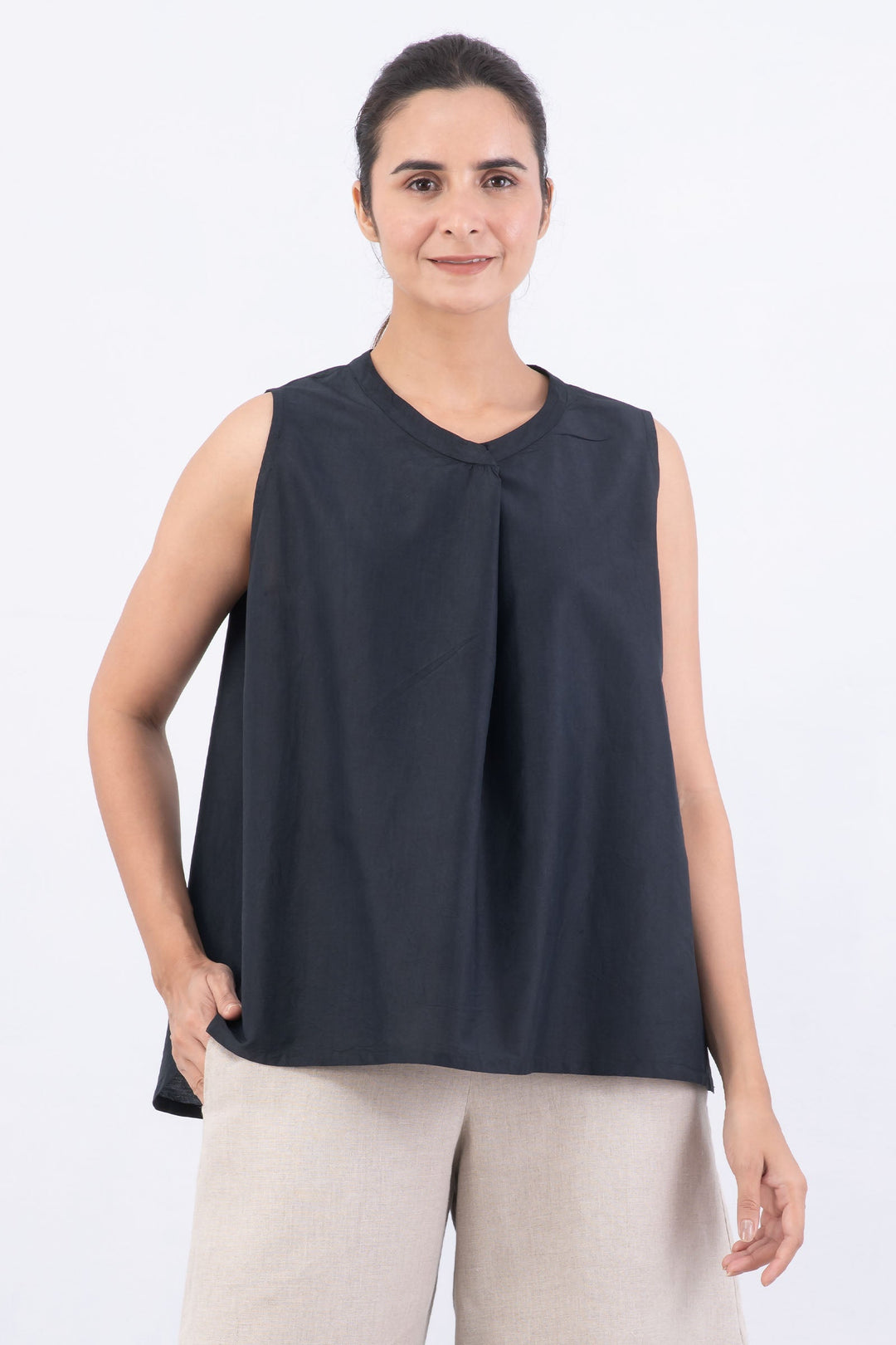 DYED COTTON SILK HEAVY VOILE WAVY BAND COLLAR SHELL TOP - dh1556-blk -