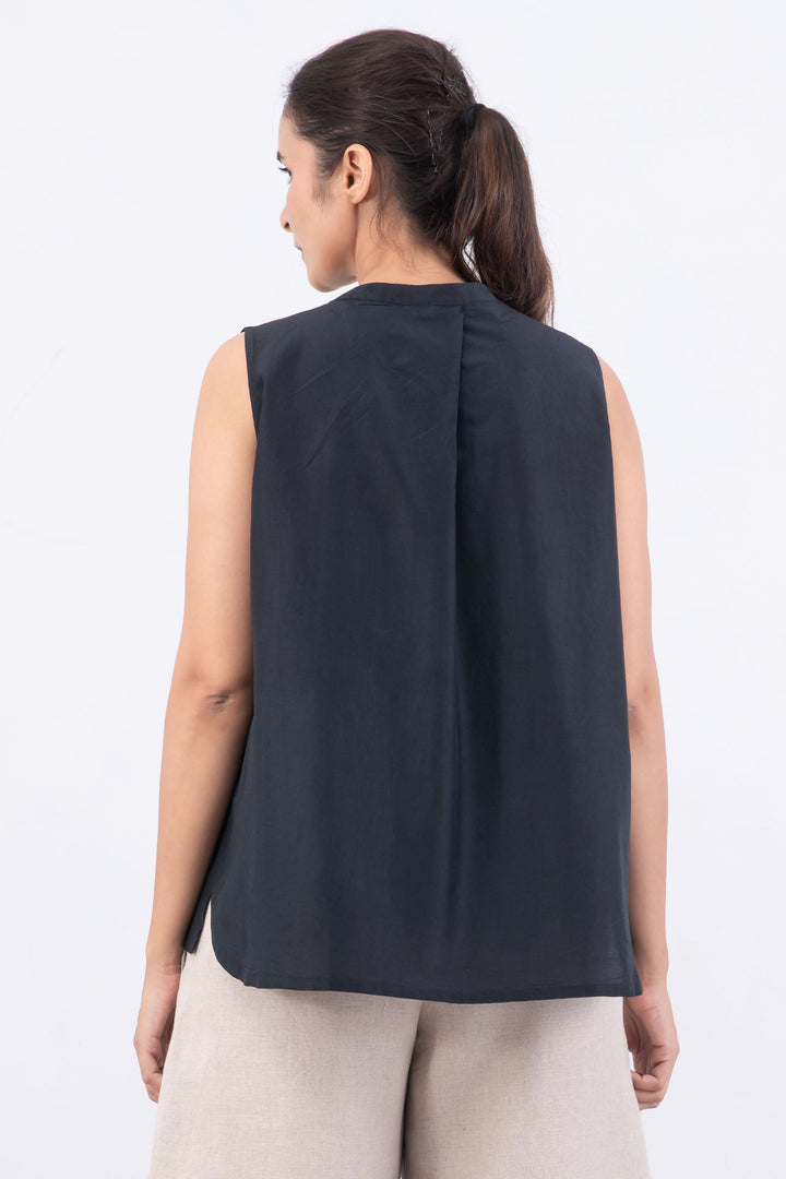 DYED COTTON SILK HEAVY VOILE WAVY BAND COLLAR SHELL TOP - dh1556-blk -
