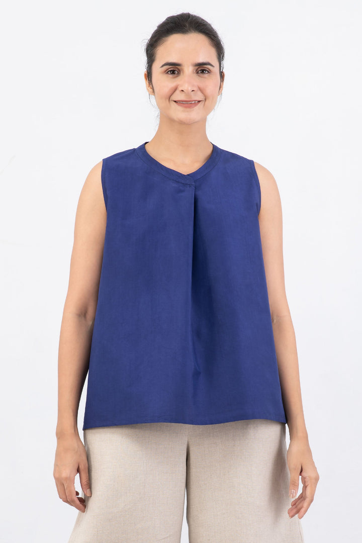 DYED COTTON SILK HEAVY VOILE WAVY BAND COLLAR SHELL TOP - dh1556-blu -