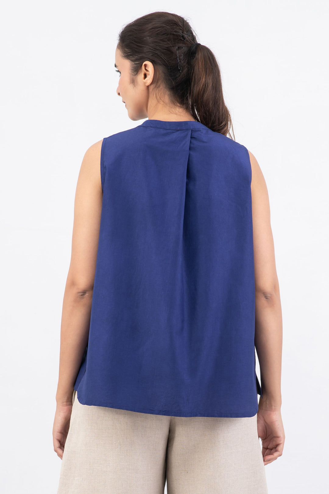 DYED COTTON SILK HEAVY VOILE WAVY BAND COLLAR SHELL TOP - dh1556-blu -