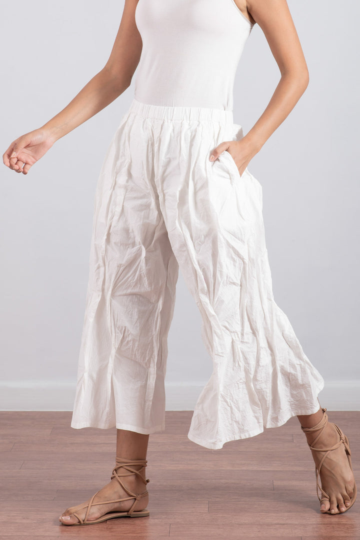 DYED COTTON SILK HEAVY VOILE WAVY TUCKED PANTS - dh1635-wht -