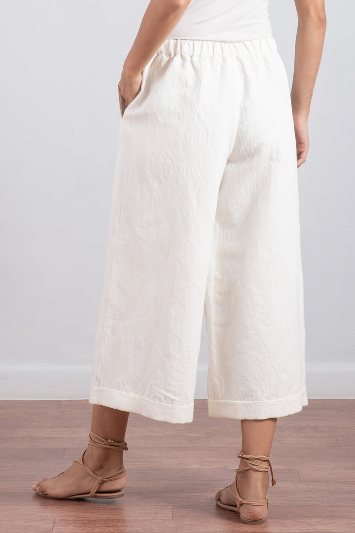 DYED COTTON LINEN TWILL DOUBLE CUFF WIDE LEG PANTS - tl1636-wht -