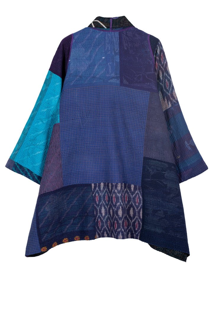 POLKA DOTS & LEAVES KANTHA A-LINE JACKET - dl4003-blu -