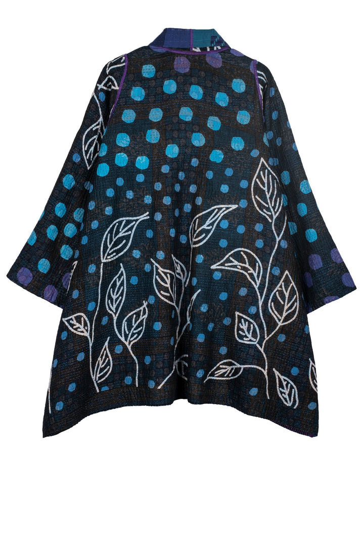 POLKA DOTS & LEAVES KANTHA A-LINE JACKET - dl4003-blu -