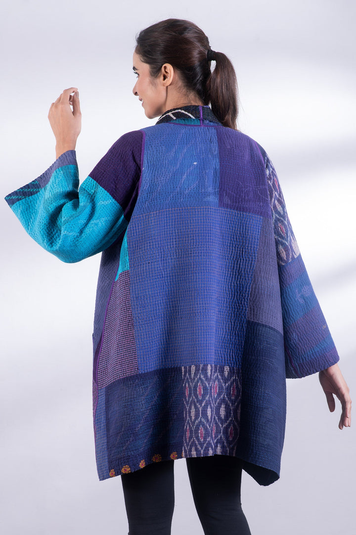 POLKA DOTS & LEAVES KANTHA A-LINE JACKET - dl4003-blu -