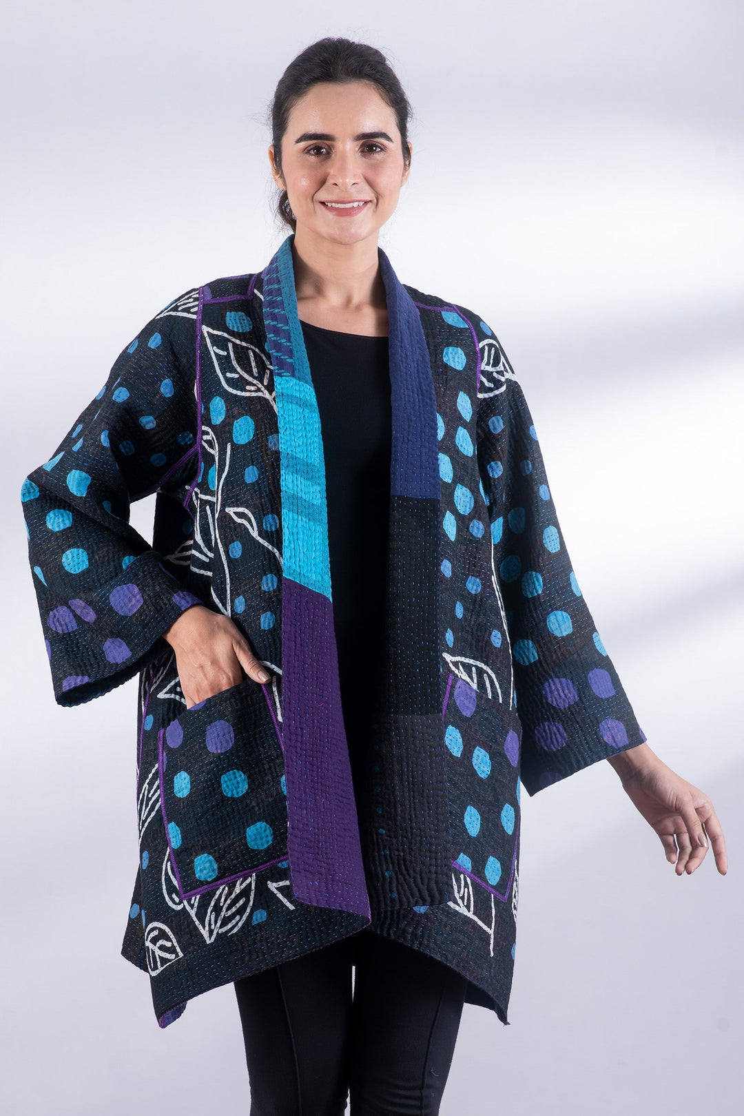 POLKA DOTS & LEAVES KANTHA A-LINE JACKET - dl4003-blu -