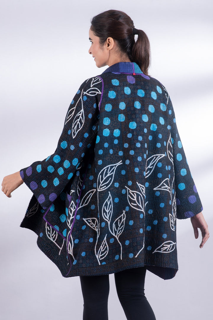 POLKA DOTS & LEAVES KANTHA A-LINE JACKET - dl4003-blu -