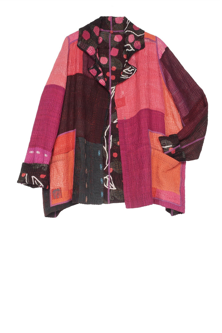 POLKA DOTS & LEAVES KANTHA TUCKED COLLAR JKT - dl4047-pik -