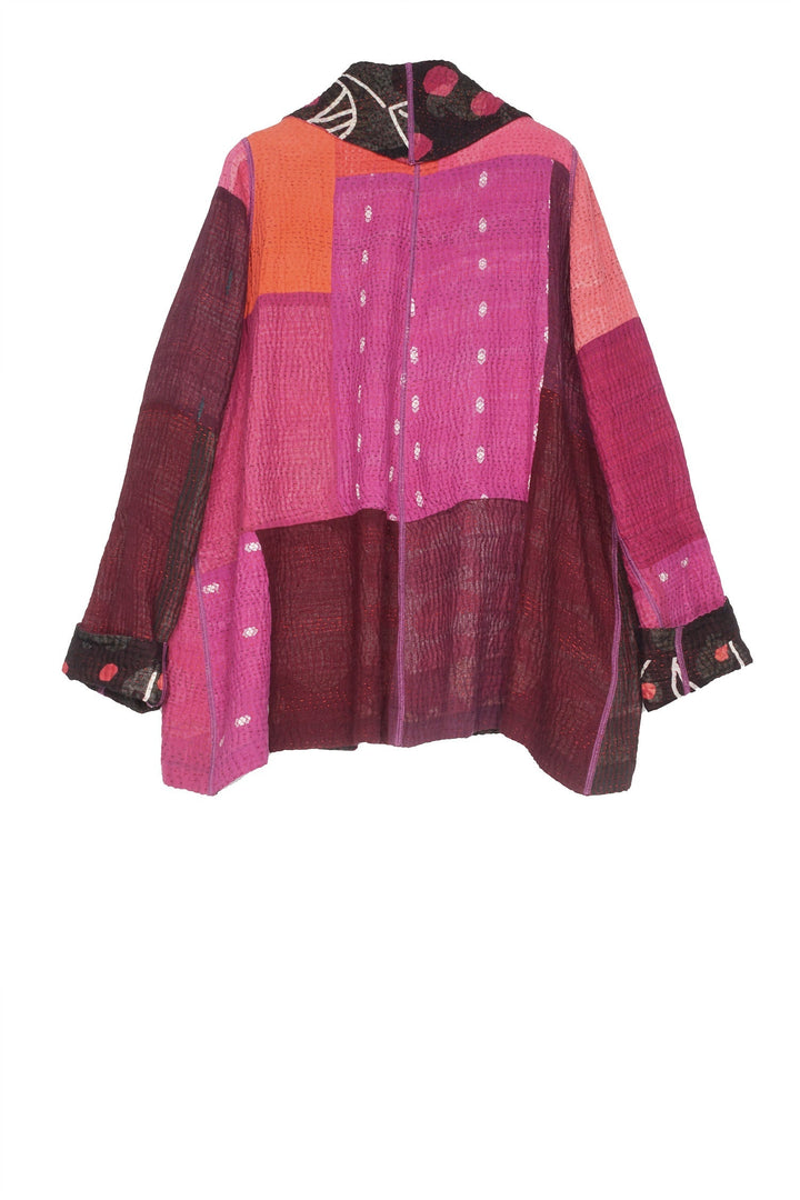 POLKA DOTS & LEAVES KANTHA TUCKED COLLAR JKT - dl4047-pik -