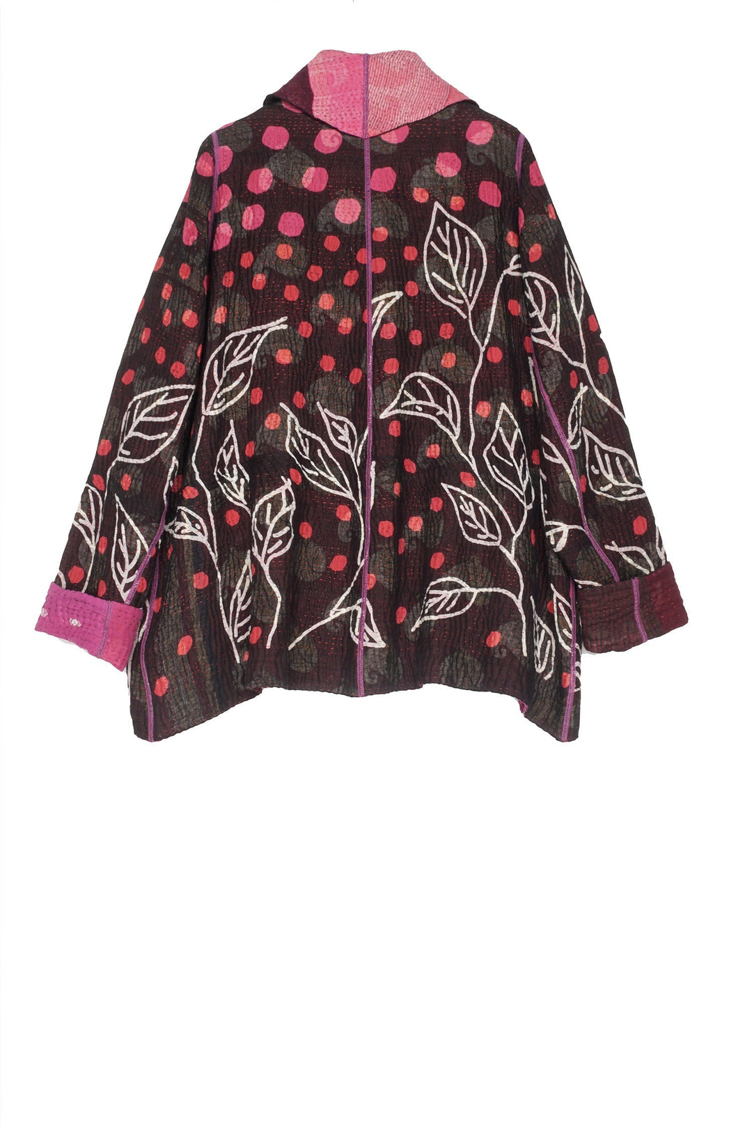 POLKA DOTS & LEAVES KANTHA TUCKED COLLAR JKT - dl4047-pik -