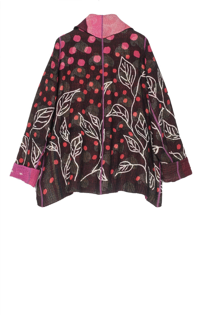 POLKA DOTS & LEAVES KANTHA TUCKED COLLAR JKT - dl4047-pik -