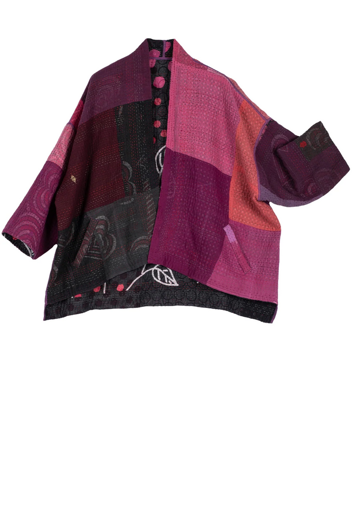 POLKA DOTS & LEAVES KANTHA MINI KIMONO JKT - dl4055-pik -