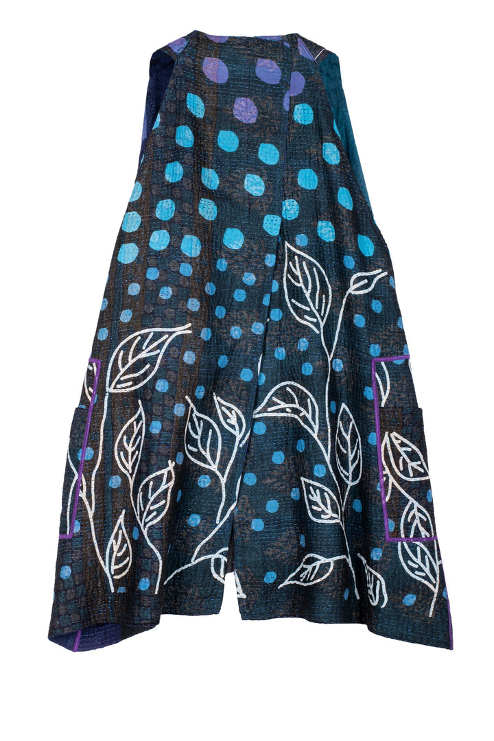 POLKA DOTS & LEAVES KANTHA BACK PLEATED VEST - dl4221-blu -