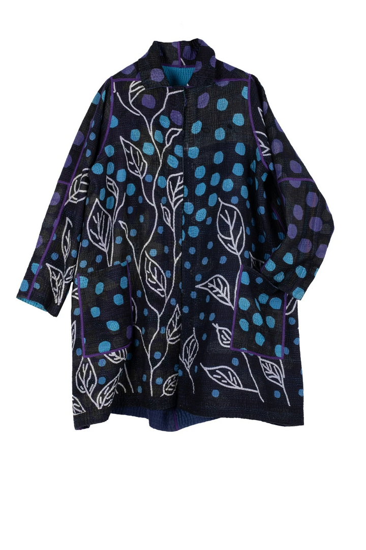 POLKA DOTS & LEAVES KANTHA A-LINE DUSTER - dl4311-blu -