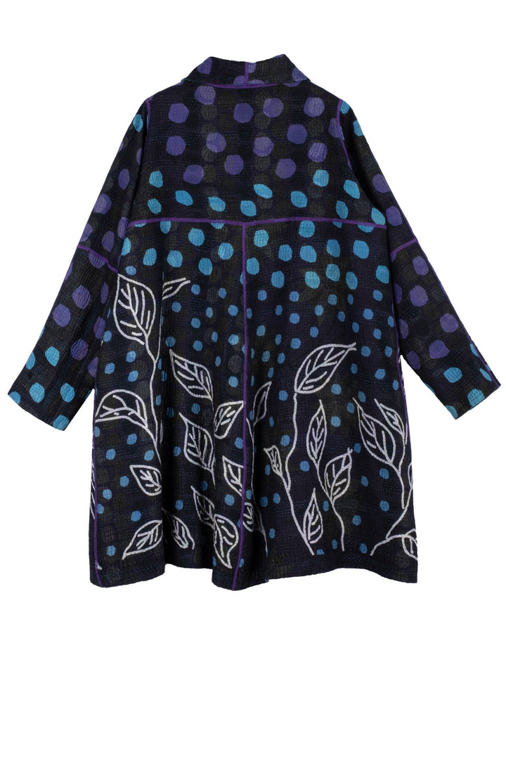 POLKA DOTS & LEAVES KANTHA A-LINE DUSTER - dl4311-blu -