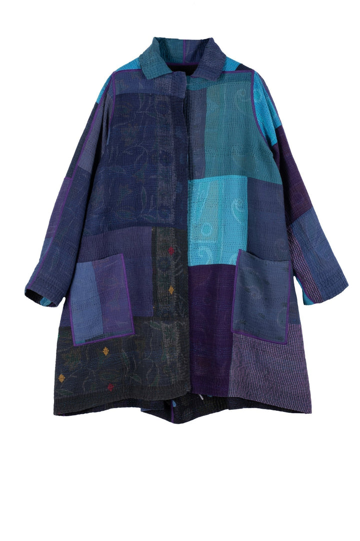 POLKA DOTS & LEAVES KANTHA A-LINE DUSTER - dl4311-blu -