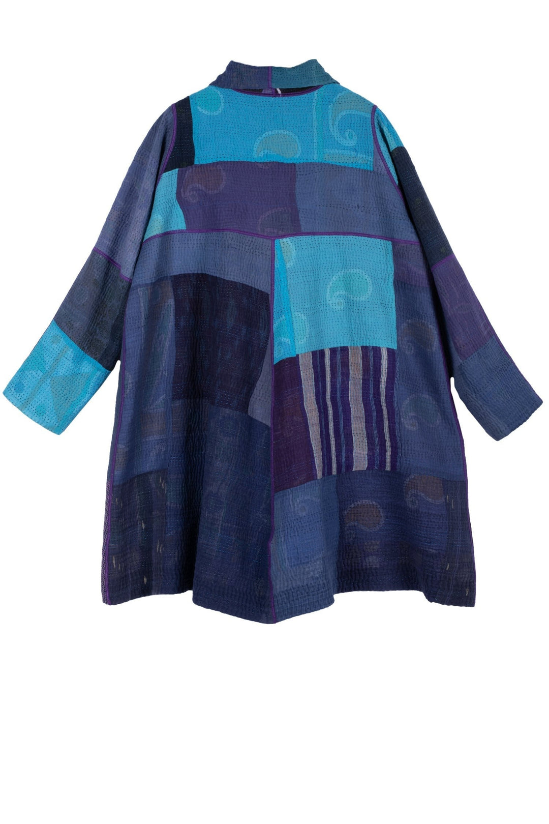 POLKA DOTS & LEAVES KANTHA A-LINE DUSTER - dl4311-blu -